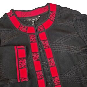Ming Wang Women's 1X Jacket Black Red Geometric Knit Open Front 3/4 Sleeve